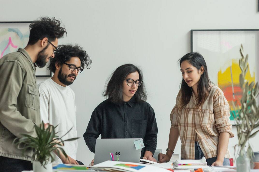 Young professionals collaborating in a modern workspace with a laptop, colorful papers, and abstract art in the background.