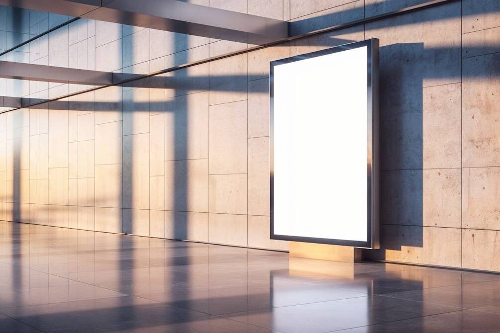 A blank billboard in a modern space with reflective floors and stone walls, bathed in sunlight and shadows.